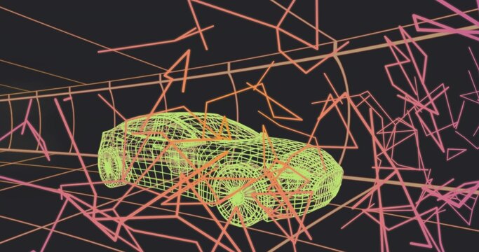 Rotating neon-green wireframe car model hovering in virtual studio, with pink magenta angular lines