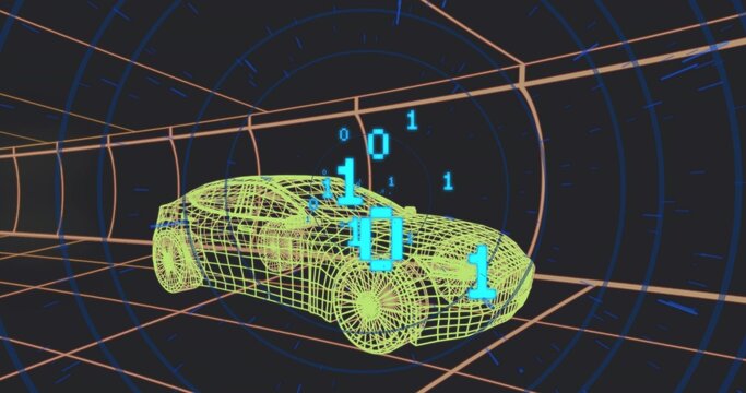 Racing neon-green wireframe car model coursing through digital tunnel, floating cyan binary digits