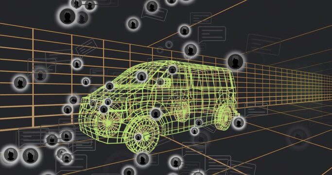 Animating neon 3D wireframe van model floating on orange grid in virtual space, with avatar icons