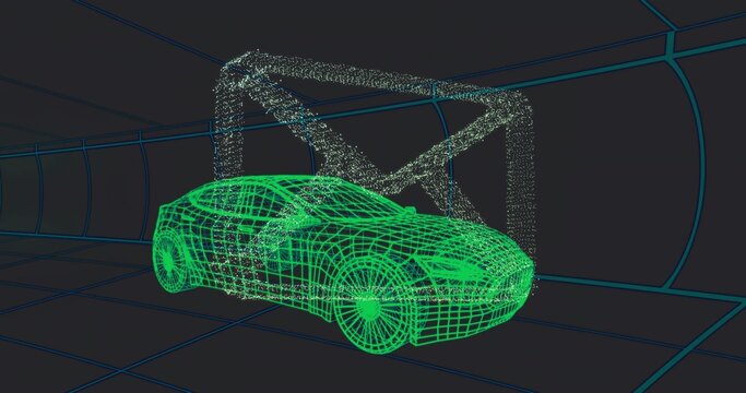 Fototapeta Rotating neon-green wireframe car model being scanned inside virtual chamber, with particle gantry
