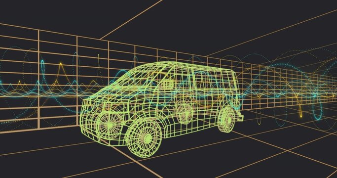 Rendering neon-green wireframe van in 3D model space, showing orange grid floor, cyan or yellow wave
