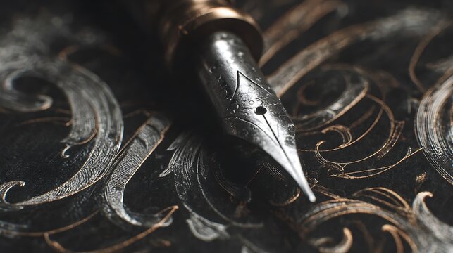 Gold metal fountain pen and black ink on old paper for writing business sign