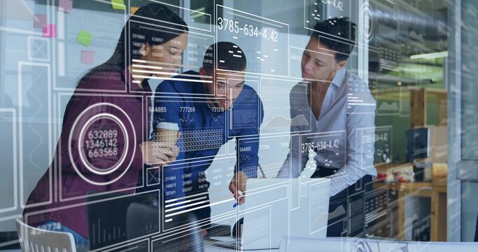 Leaning 3 colleagues in business attire reviewing laptop docs at office meeting, sticky notes HUD