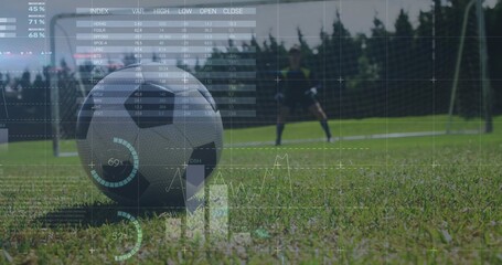 Resting soccer ball on grass pitch with goal, goalkeeper in dark kit, player preparing shot, AR