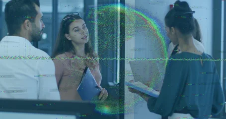 Fotobehang Beren Discussing four-person team in office casual holding blue folder and tablet by glass wall glitching  © vectorfusionart