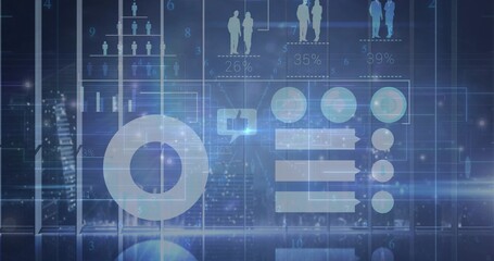 Displaying blue HUD showing donut chart, nodes and bars over blurred night skyline, percent labels