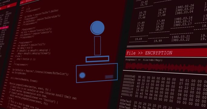 Displaying blue joystick over encryption monitor with FileENCRYPTION header, waveform, hex dump - Powered by Adobe