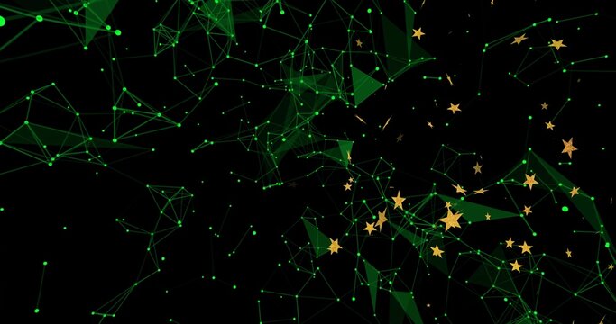 Naklejki Pulsing glowing green nodes and lines forming triangular meshes in black void, with gold stars