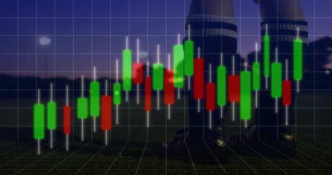 Displaying candlestick chart overlay covering turf at dusk, showing grid green red bars and cleats