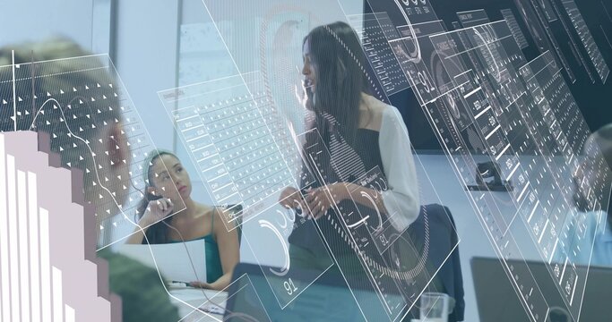 Leading woman with dark hair in light cardigan leaning on table in office, showing laptop overlays