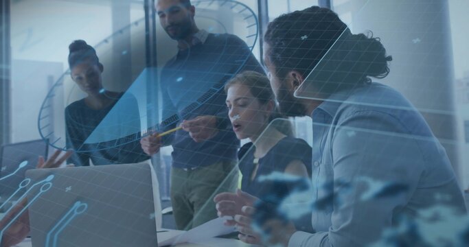 Meeting five colleagues in boardroom in business casual, viewing open laptop, papers, pen, AR clock