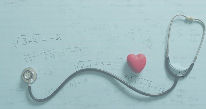 Displaying stethoscope curving across pale blue sheet with algebra equations, red heart accent - Powered by Adobe