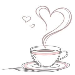Hand Drawn Coffee Cup with Heart Shaped Steam and Pink Accents saucer