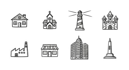 Naklejka premium Hand-drawn building icons set: houses, churches, lighthouses, and more