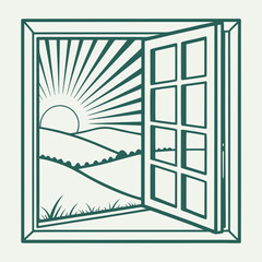 Open Window Revealing Sunny Landscape with Hills and Sun Rays vector illustration