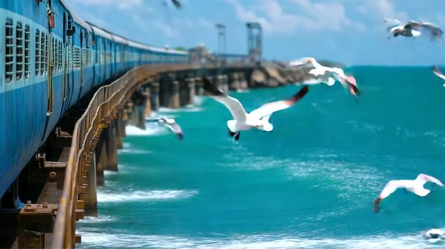 Rameswaram bridge train over aquamarine strait, gulls and spray, India, Rameswaram, Pamban Bridge, sea, train, travel, engineering, coast, with copy space
