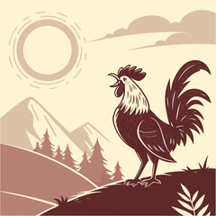 Rooster Crowing at Sunrise in a Mountain Landscape cock dawn