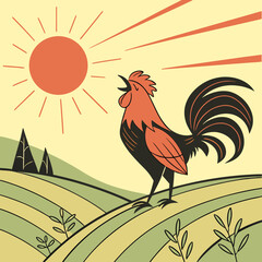 Rooster Crowing at Sunrise Over Rolling Hills and Fields flat