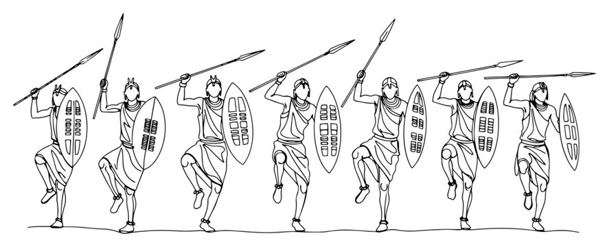 Dancing African Warriors in Continuous One Line Art. Tribal Vector Illustration.