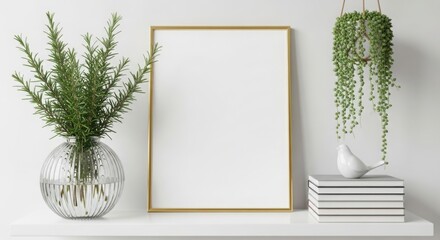 Empty picture frame mockup with greenery and books on a shelf