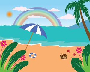 Summer sale background for poster, banner, flyer, invitatio design with tropical beach. Summer background template with rainbow landscape. Tropical beach background with palm trees and sun. 