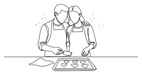 Romantic couple baking heart cookies one continuous line drawing. Valentines day cooking vector art.