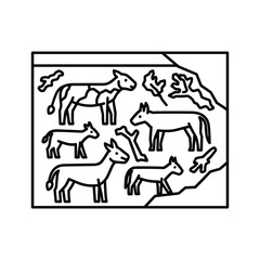 Stylized line art of diverse farm animals: cows, horses, and donkeys, in a rustic barn or stable icon illustration