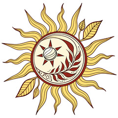 Stylized Sun and Moon Celestial Emblem with Leaves and Stars symbol