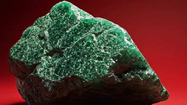 Rough Emerald Specimen on Red Background - A close-up studio shot showcases a large, uncut emerald specimen with a textured, crystalline surface.