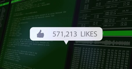Floating like bubble with 571,213 LIKES over screens showing green code, hex, waveform, green bar