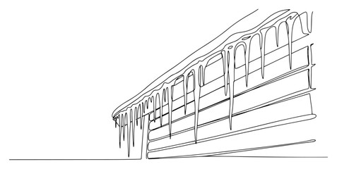 Single continuous line drawing of icicles hanging from the roof of a house Cold winter weather and frost concept in one line art style vector illustration