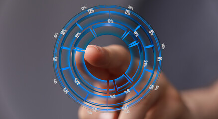 Hand interacting with a circular chart. Represents concepts like data analysis, business, technology, finance, and future ideas.