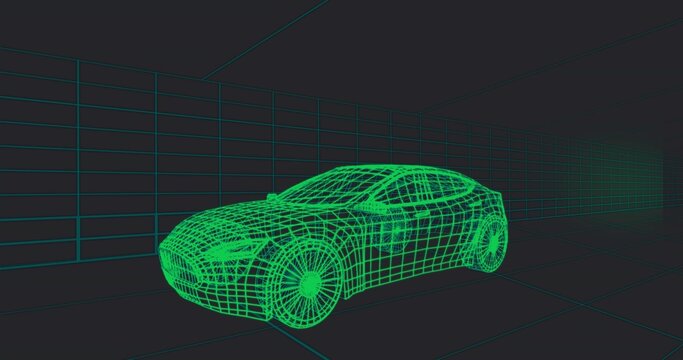 Glowing neon green wireframe sedan showing wireframe wheels in 3D viewport, grid vanishing point