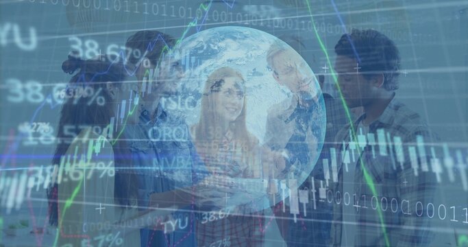 Talking five-member team in business casual pointing at globe overlay in office with financial data - Powered by Adobe