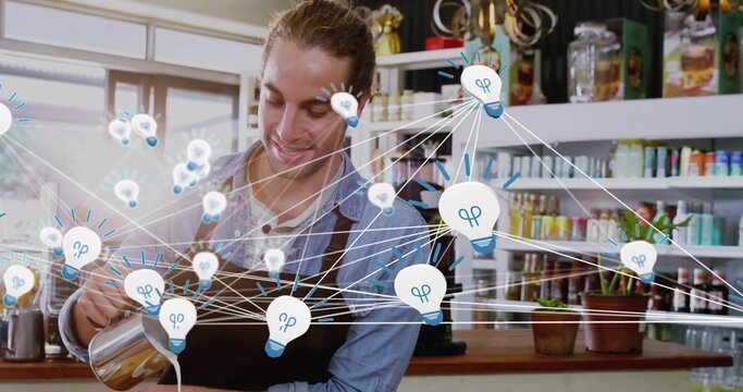 Pouring barista in apron, blue shirt pouring milk at cafe with pitcher, espresso, lightbulb icons