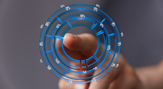Hand interacting with a circular chart. Represents concepts like data analysis, business, technology, finance, and future ideas.