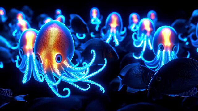 Glowing bioluminescent squid cephalopod deep sea ocean, vibrant marine life underwater scene with luminous tentacles and dreamy night seascape