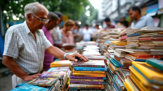 Street bookstore at College Street, stacks of used books, curious readers, India, books, Kolkata, street market, literature, education, culture, heritage, with copy space