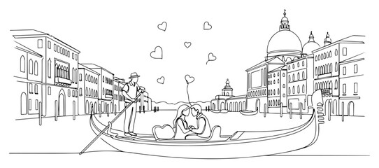 Romantic couple in gondola in Venice one continuous line drawing. Italy famous landmark vector travel art. © Wieslaw