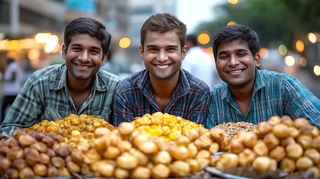 Street food panorama&mdash;pani puri stand with laughing friends, evening, India, pani puri, chaat, street food, friends, snack, city, flavor, culture, with copy space