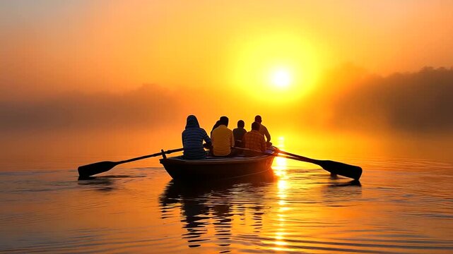 Sunrise boat ride on the Ganges, silhouettes of rowers, soft fog, India, Varanasi, river, boat, sunrise, spirituality, travel, calm, mist, with copy space