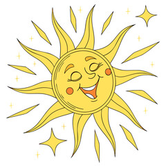 Happy Cartoon Sun with Rays and Stars on White Background smiling face