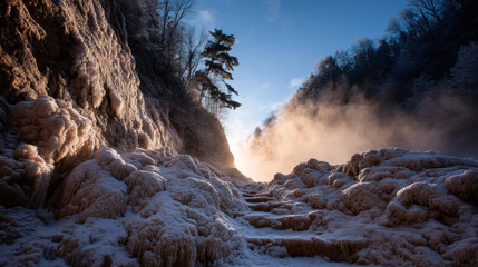 Majestic frozen waterfall in winter canyon with sunlight breaking through mist. icy rock and snow create dramatic, serene landscape