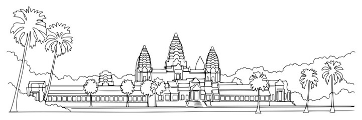 Angkor Wat temple in Cambodia one continuous line drawing. Famous Asia landmark vector art.