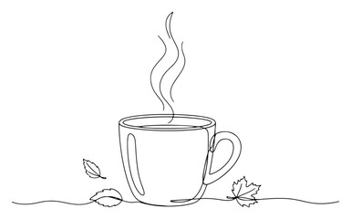 Hot coffee mug with steam and autumn leaves one continuous line drawing Vector illustration of a cozy fall season beverage for a cafe menu concept