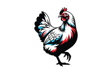 Artistic illustration of a white chicken with red and blue accents
