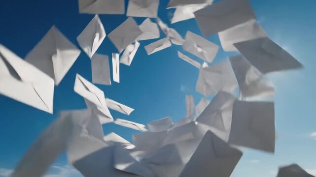 Letters Falling From Above - This video shows numerous white letters floating and falling against a bright blue sky. The perspective is looking upward, creating a sense of depth and motion.
