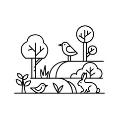 Obraz premium Simple line art illustration of a tranquil natural landscape with stylized trees, two birds, and a rabbit.