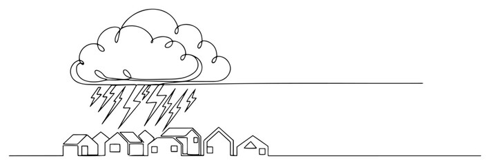 Thunderstorm over the city one continuous line drawing. Stormy weather with rain and lightning vector art.