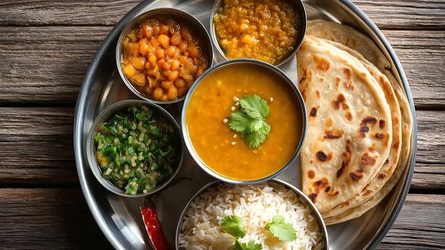 Traditional thali meal overhead&mdash;dal, roti, sabzi, pickle&mdash;polished steel, India, thali, cuisine, food, vegetarian, spice, culture, dining, with copy space